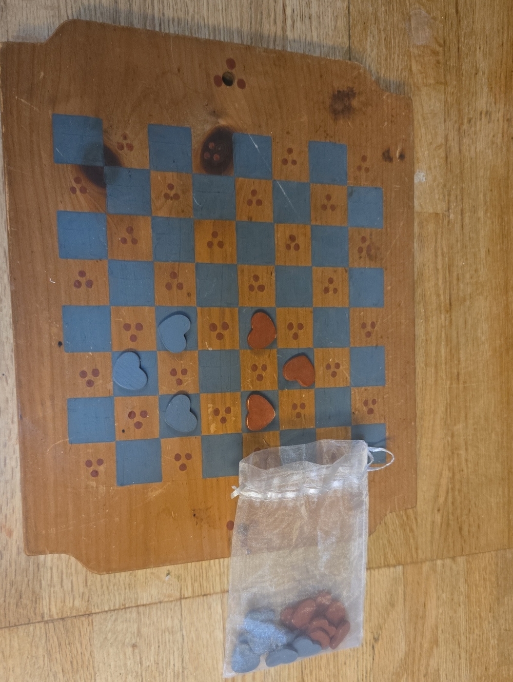 Hand-Painted Wooden Checkers Set with Blue and Brown Heart Pieces